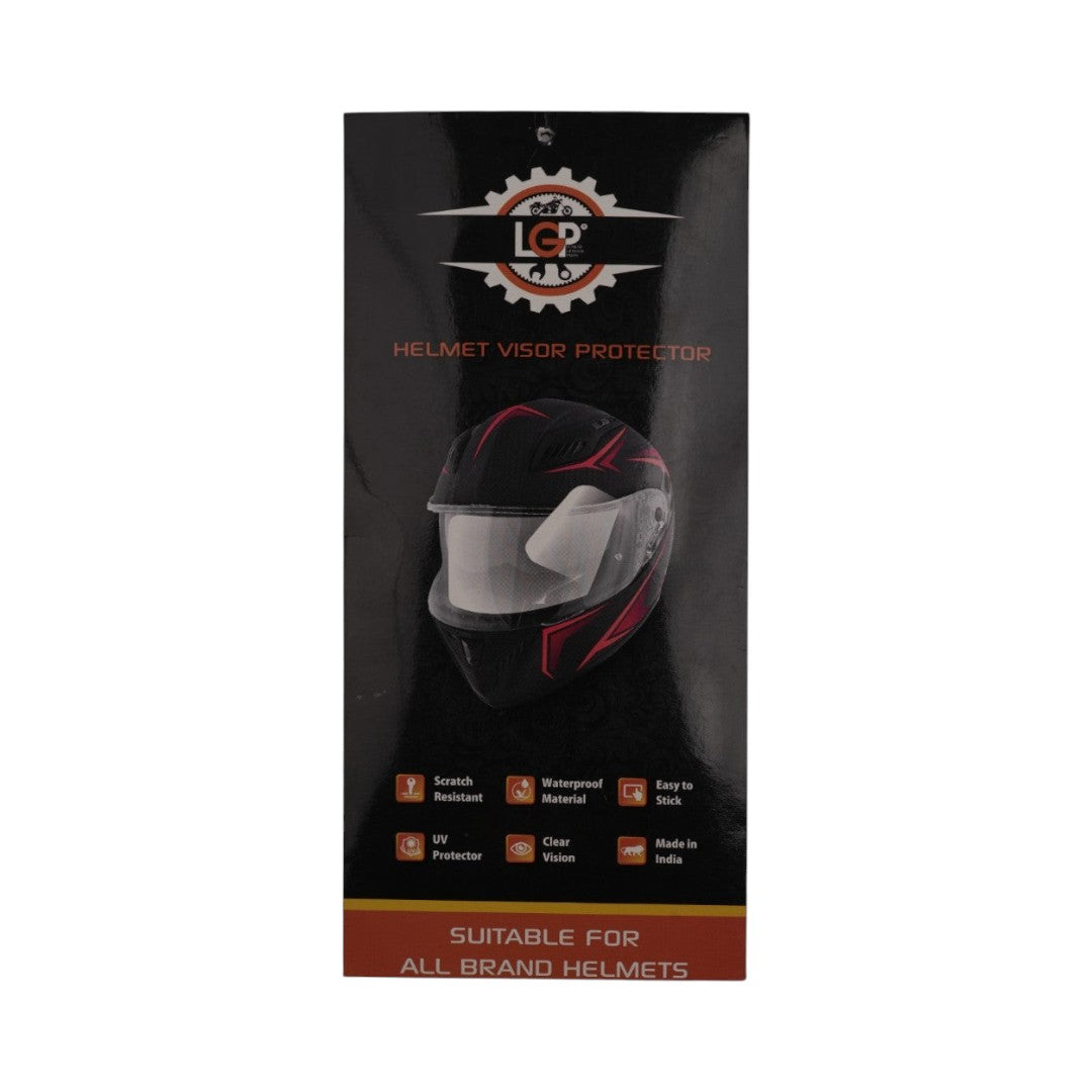 Motodrift LGP helmet visor protector packaging featuring scratch-resistant and waterproof features for clear vision