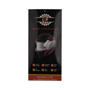 Motodrift LGP helmet visor protector packaging featuring scratch-resistant and waterproof features for clear vision