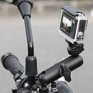 Motodrift LGP camera mount attached to motorcycle handlebars with an action camera secured for stable recording