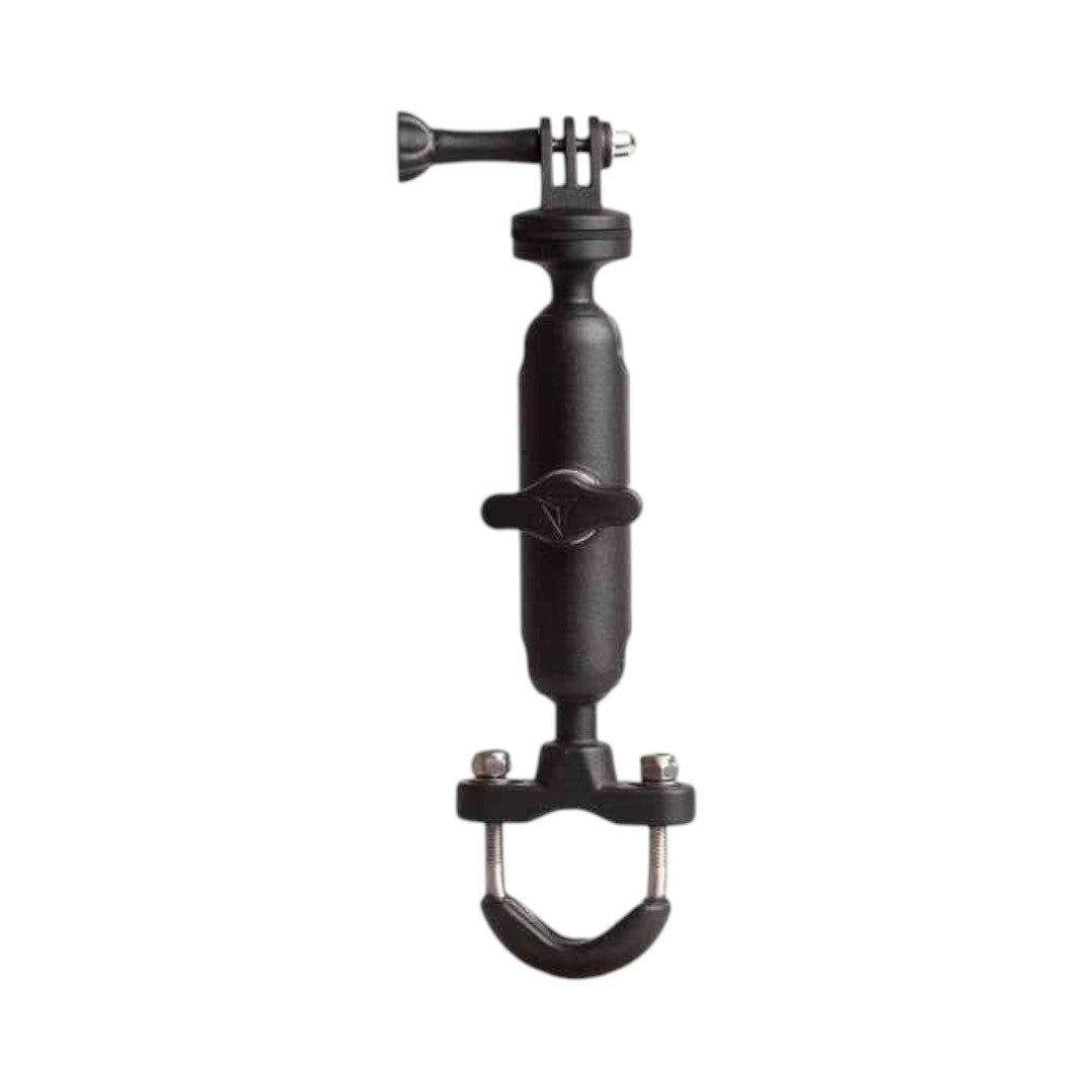 Motodrift LGP camera mount for motorcycle handlebars, featuring a black corrosion-resistant alloy clamp and arm.