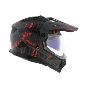 Motodrift LS2 MX436 Pioneer II dual-sport helmet in gloss black and red with an adjustable peak and sun visor