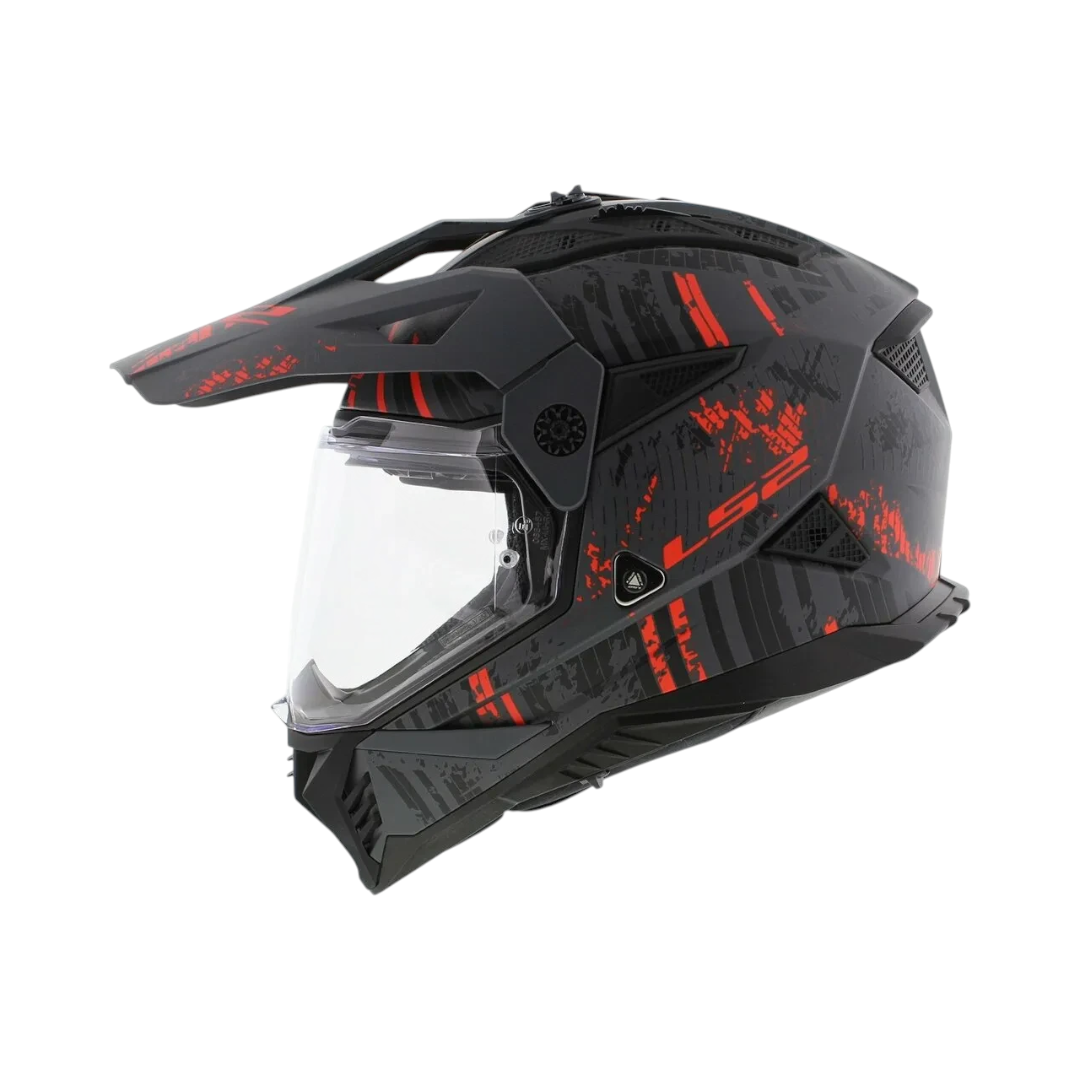 Motodrift LS2 MX436 Pioneer II dual-sport helmet in gloss black and red with an adjustable peak and clear visor