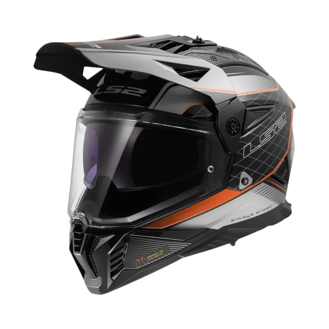 Motodrift LS2 MX436 Pioneer II dual-sport helmet in black and grey with orange accents and adjustable peak