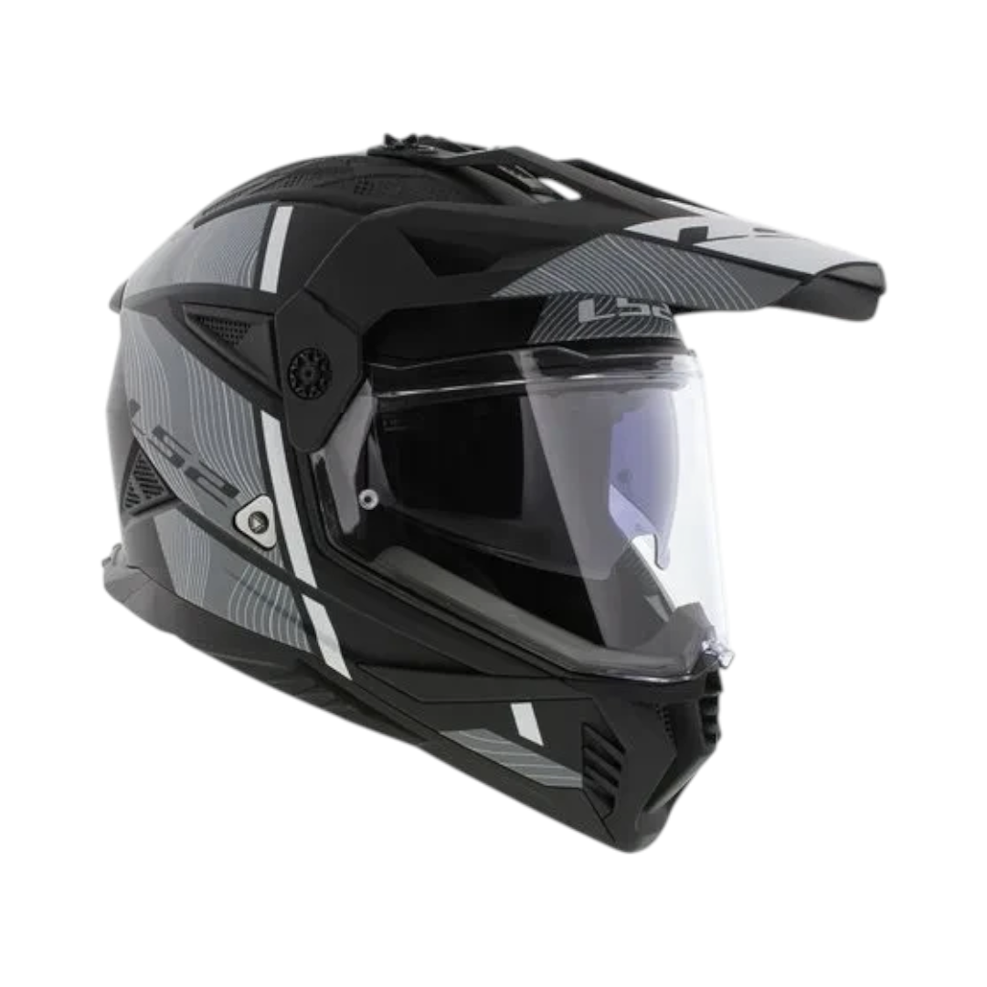 Motodrift LS2 MX436 Pioneer II dual-sport helmet in matte black and white with an integrated sun visor and peak