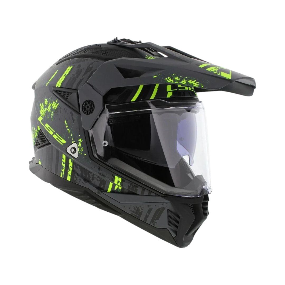 Motodrift LS2 MX436 Pioneer II dual-sport helmet in matte black and hi-viz yellow with an adjustable peak and visor.