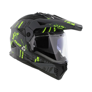 Motodrift LS2 MX436 Pioneer II dual-sport helmet in matte black and hi-viz yellow with an adjustable peak and visor.