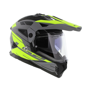 Motodrift LS2 MX436 Pioneer II dual-sport helmet in matte grey and hi-viz yellow with adjustable peak and clear visor
