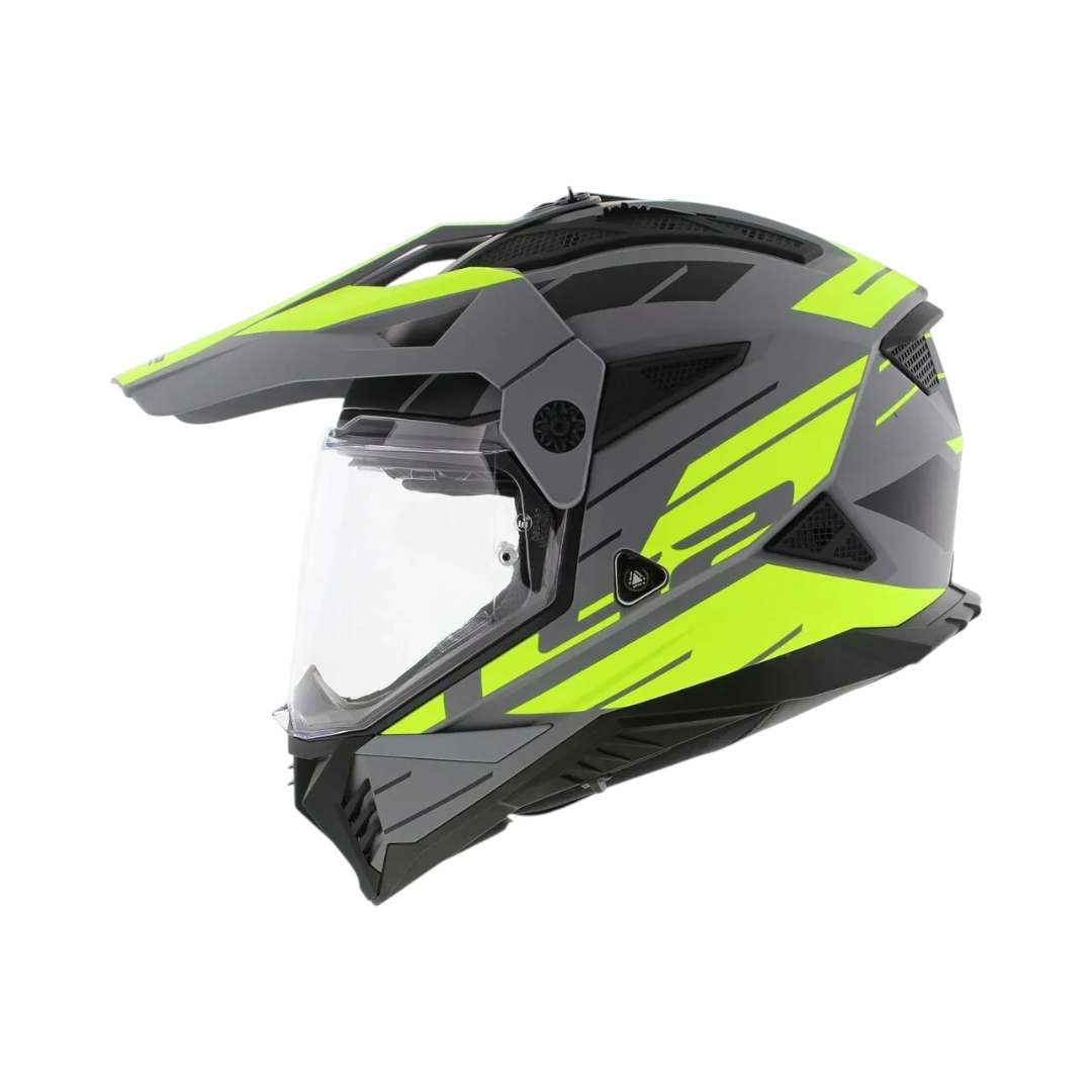 Motodrift LS2 MX436 Pioneer II dual-sport helmet in matt grey and hi-viz yellow with adjustable peak and clear visor