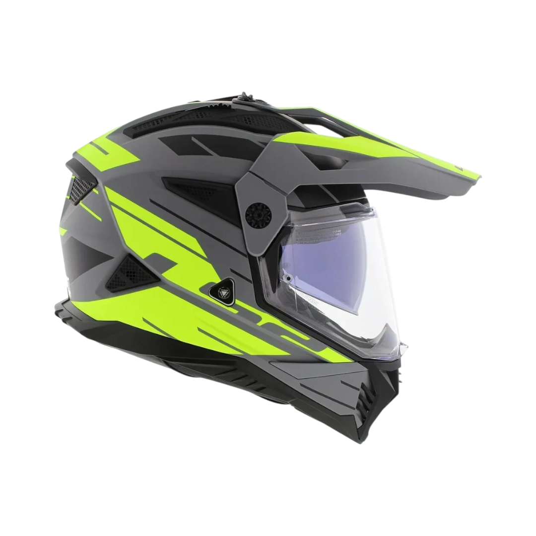 Motodrift LS2 MX436 Pioneer II dual-sport helmet in matt grey and hi-viz yellow with adjustable peak and clear visor