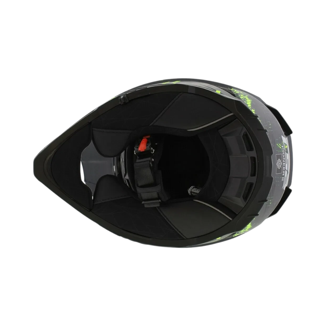 Motodrift LS2 MX436 Pioneer II dual-sport helmet in matte black and hi-viz yellow, viewed from the bottom opening.