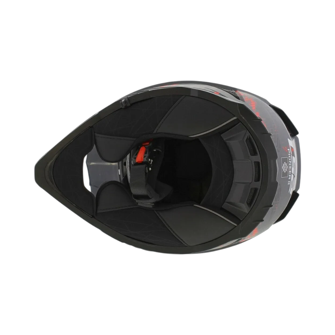 Motodrift LS2 MX436 Pioneer II dual-sport helmet in gloss black and red, viewed from the interior perspective.