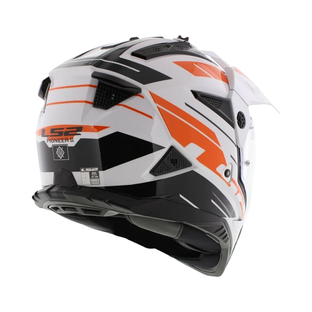 Motodrift LS2 MX436 Pioneer II dual-sport helmet in white and orange, rear view showing ventilation and KPA shell