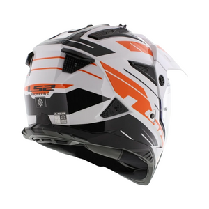 Motodrift LS2 MX436 Pioneer II dual-sport helmet in white and orange, rear view showing ventilation and KPA shell