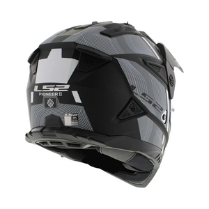 Motodrift LS2 MX436 Pioneer II dual-sport helmet in matte black and white with graphic lines, rear view