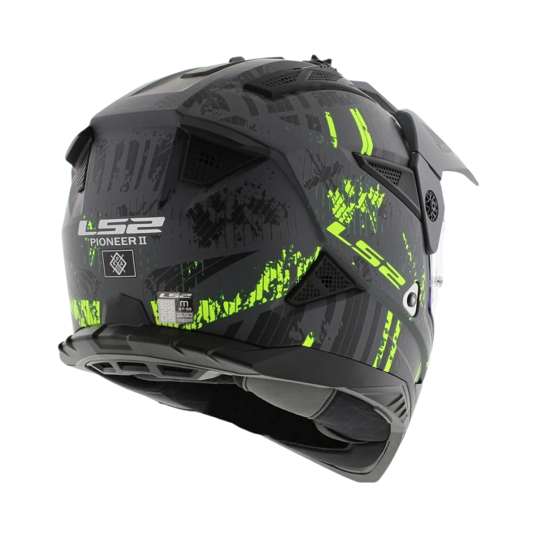 Motodrift LS2 MX436 Pioneer II dual-sport helmet in matte black and hi-viz yellow with graphic pattern, rear view