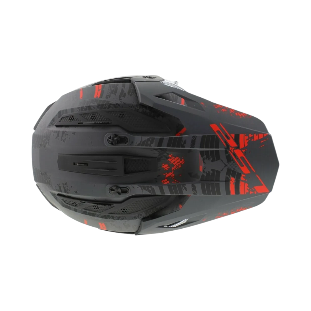 Motodrift LS2 MX436 Pioneer II dual-sport helmet in gloss black and red with top ventilation and adjustable peak