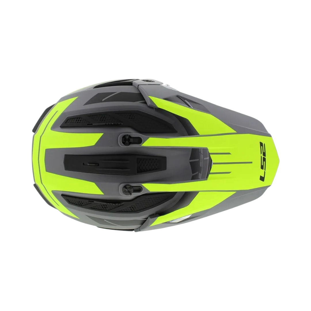 Motodrift LS2 MX436 Pioneer II dual-sport helmet in matt grey and hi-viz yellow, top view showing adjustable peak.