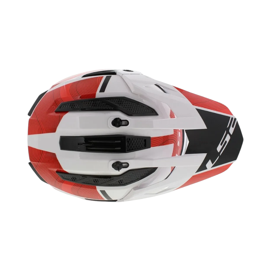 Motodrift LS2 MX436 Pioneer II dual-sport helmet in white and red, top view showing ventilation and adjustable peak.