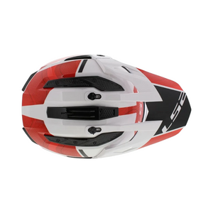 Motodrift LS2 MX436 Pioneer II dual-sport helmet in white and red, top view showing ventilation and adjustable peak.