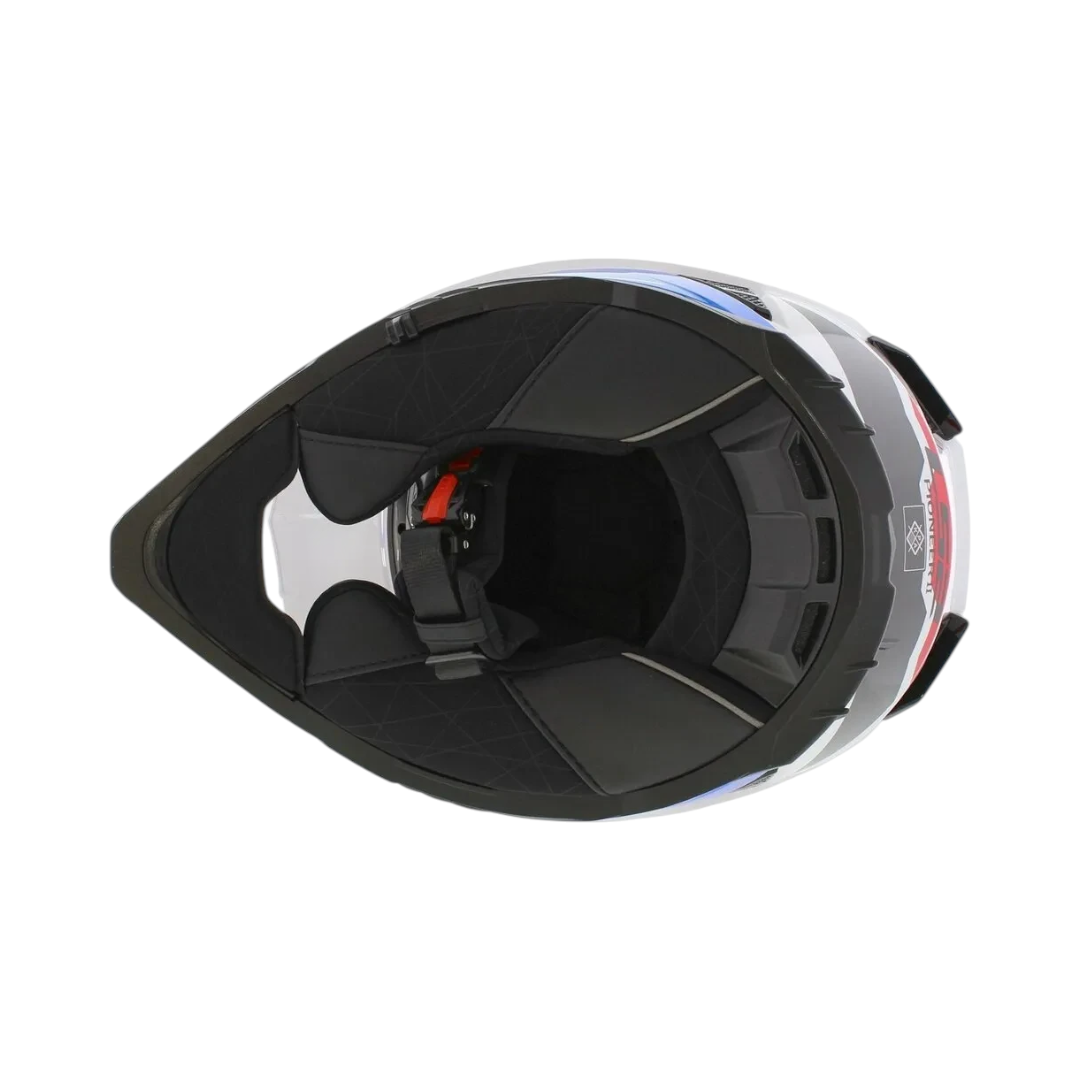 Motodrift LS2 MX436 Pioneer II dual-sport helmet in white, blue, and red, viewed from the top showing interior padding.
