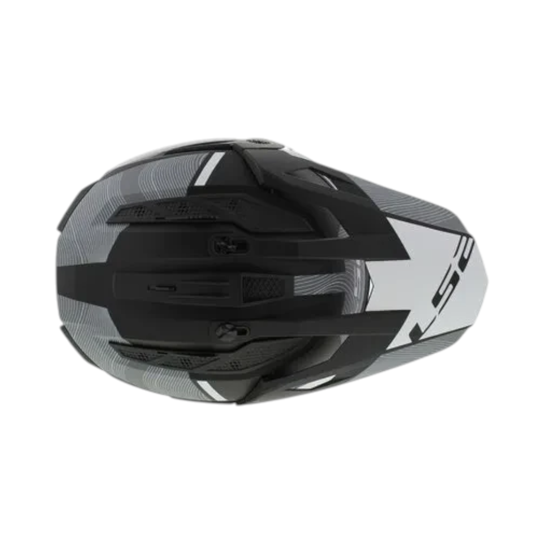 Motodrift LS2 MX436 Pioneer II dual-sport helmet in matt black and white with an adjustable peak and top vents