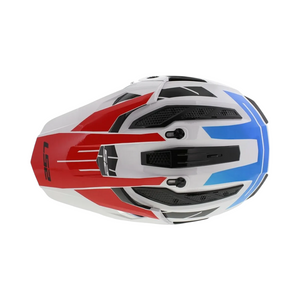 Motodrift LS2 MX436 Pioneer II dual-sport helmet in white, blue, and red with top ventilation and adjustable peak