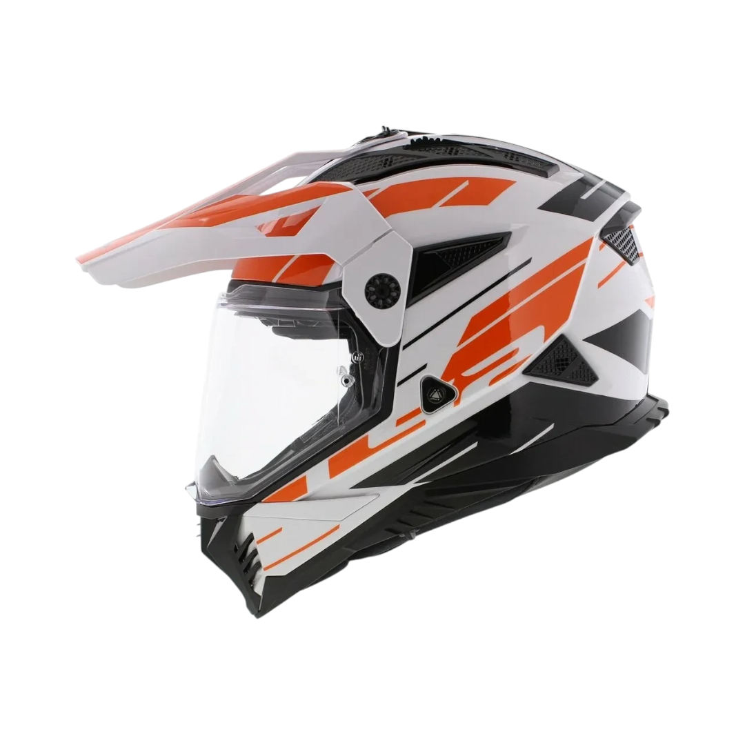 Motodrift LS2 MX436 Pioneer II dual-sport helmet in white and orange with an adjustable peak and clear visor