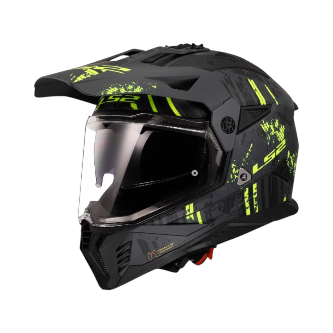 Motodrift LS2 MX436 Pioneer II dual-sport helmet in matte black and hi-viz yellow with adjustable peak and visor.