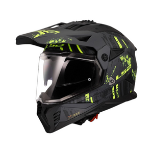 Motodrift LS2 MX436 Pioneer II dual-sport helmet in matte black and hi-viz yellow with adjustable peak and visor.