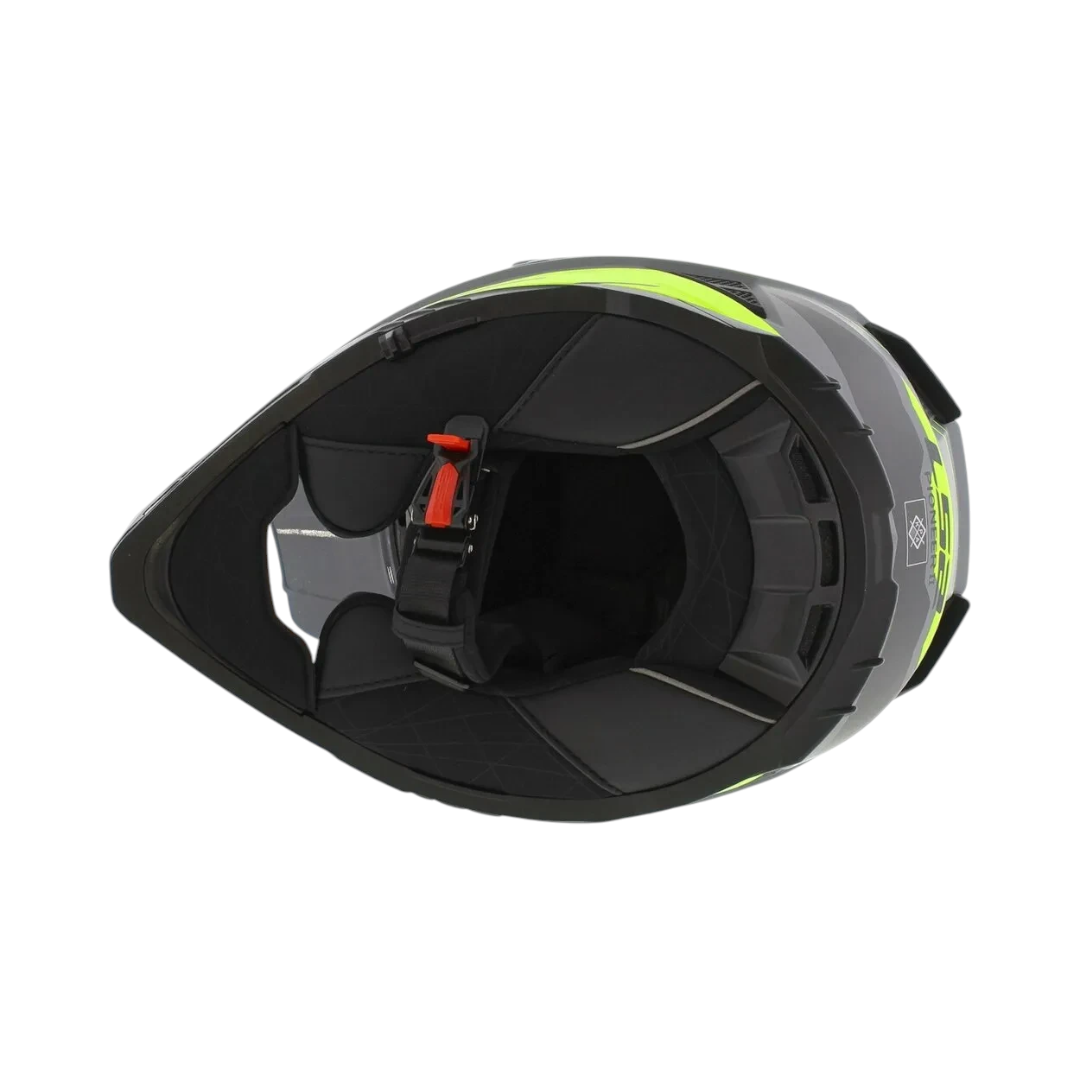 Motodrift LS2 MX436 Pioneer II dual-sport helmet in matt grey and hi-viz yellow, viewed from the chin bar interior.