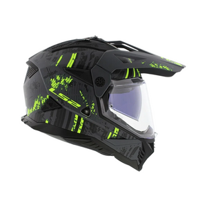 Motodrift LS2 MX436 Pioneer II dual-sport helmet in matte black and hi-viz yellow with adjustable peak and sun visor