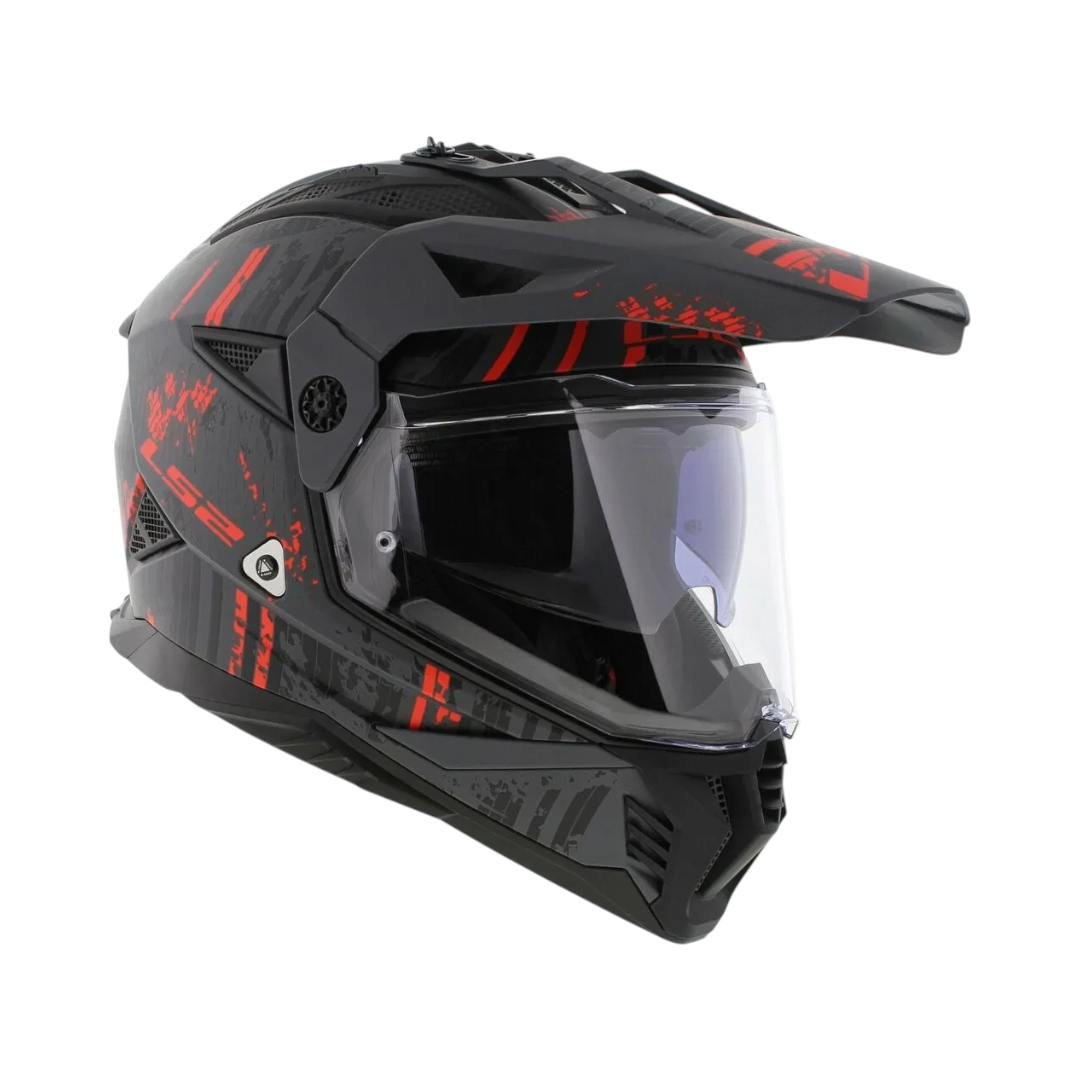 Motodrift LS2 MX436 Pioneer II dual-sport helmet in gloss black and red with an adjustable peak and clear visor