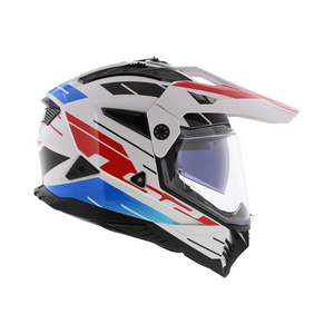 Motodrift LS2 MX436 Pioneer II dual-sport helmet in white, blue, and red with an adjustable peak and sun visor.