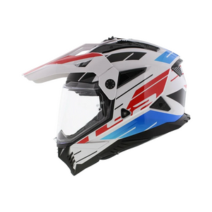 Motodrift LS2 MX436 Pioneer II dual-sport helmet in white, blue, and red with an adjustable peak and clear visor.