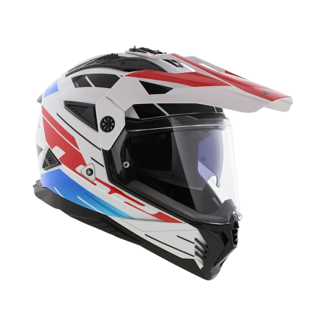 Motodrift LS2 MX436 Pioneer II dual-sport helmet in white, blue, and red with an adjustable peak and clear visor.