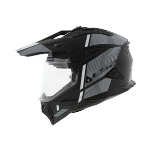 Motodrift LS2 MX436 Pioneer II dual-sport helmet in matte black and white with an adjustable peak and clear visor