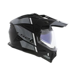 Motodrift LS2 MX436 Pioneer II dual-sport helmet in matt black and white with an adjustable peak and sun visor