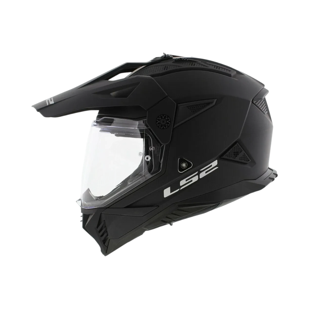 Motodrift LS2 MX436 Pioneer II dual-sport helmet in matte black with adjustable peak and clear visor