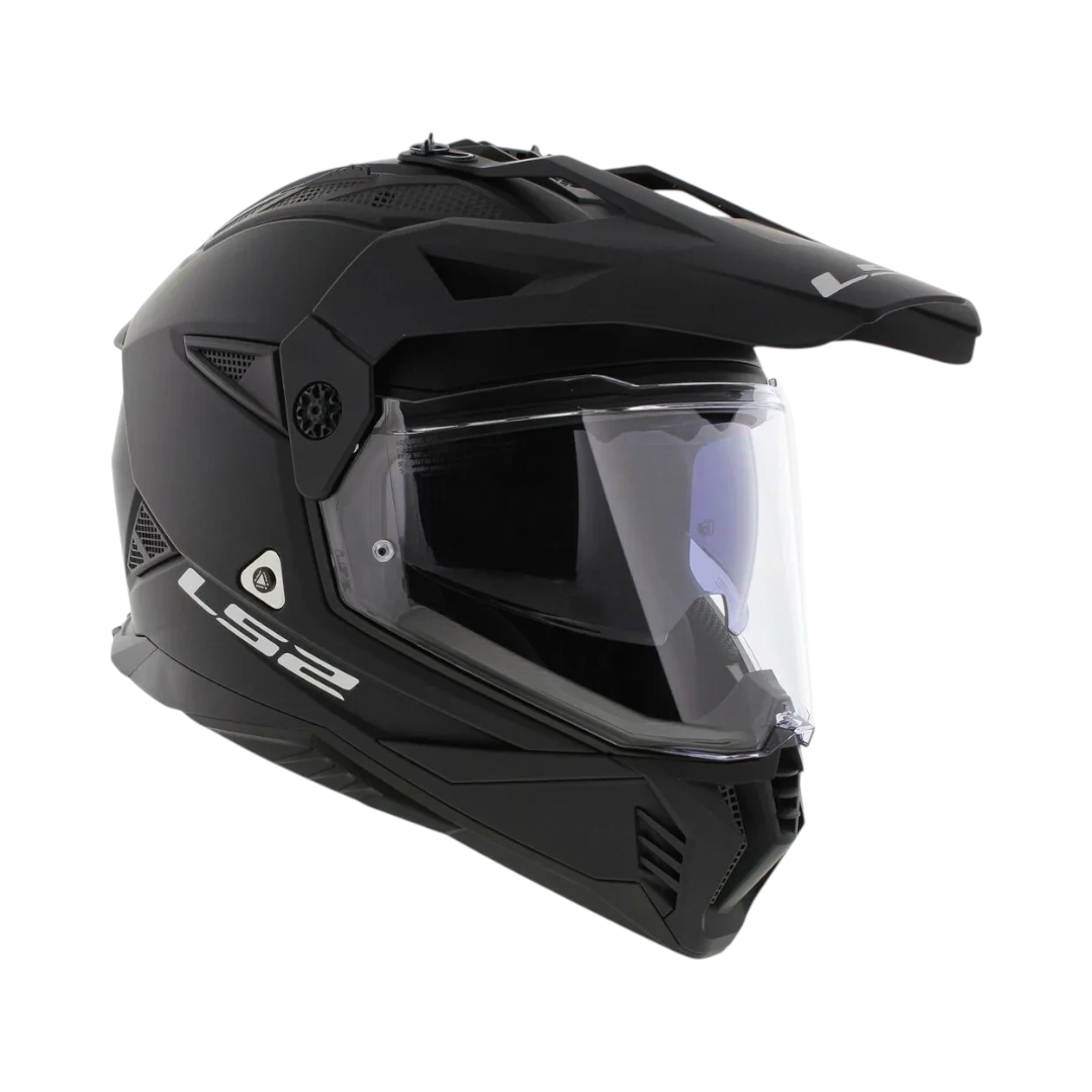 Motodrift LS2 MX436 Pioneer II dual-sport helmet in matte black with adjustable peak and clear visor