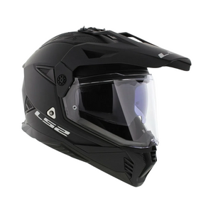 Motodrift LS2 MX436 Pioneer II dual-sport helmet in matte black with adjustable peak and clear visor