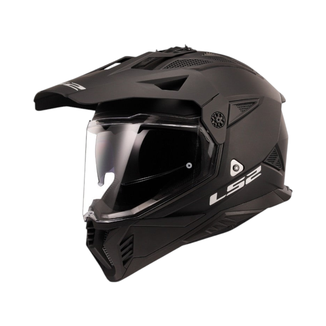 Motodrift LS2 MX436 Pioneer II dual-sport helmet in matte black with an adjustable peak and integrated sun visor