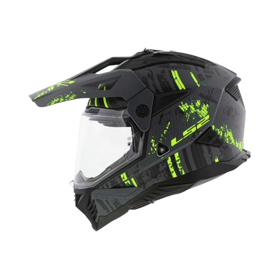 Motodrift LS2 MX436 Pioneer II dual-sport helmet in matte black and hi-viz yellow with adjustable peak and clear visor
