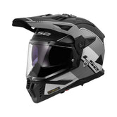 Motodrift LS2 MX436 Pioneer II dual-sport helmet in matte black and grey with an integrated sun visor and peak