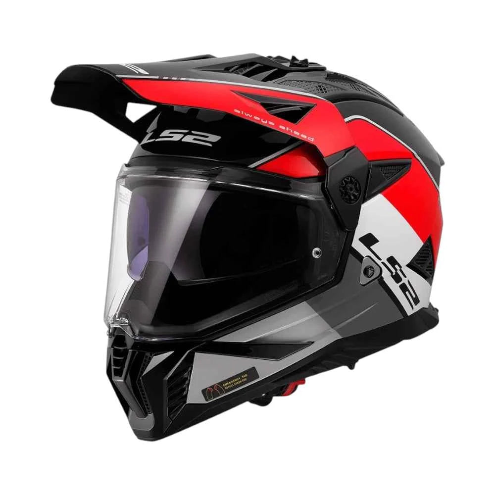 Motodrift LS2 MX436 Pioneer II Rally dual-sport helmet in black, red, and grey with an adjustable peak and sun visor.