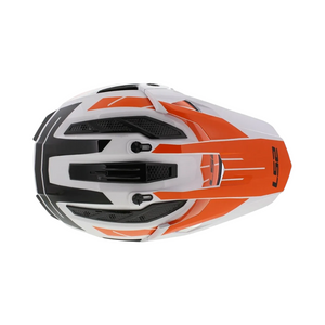 Motodrift LS2 MX436 Pioneer II dual-sport helmet in white and orange, top view showing ventilation and adjustable peak.