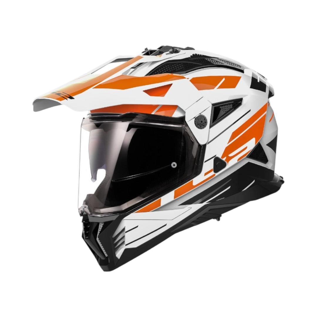 Motodrift LS2 MX436 Pioneer II dual-sport helmet in white and orange with an adjustable peak and clear visor