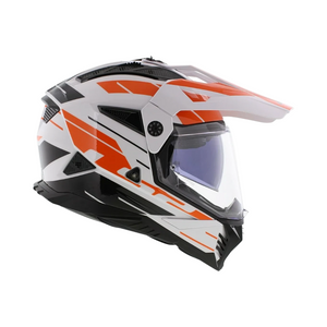 Motodrift LS2 MX436 Pioneer II dual-sport helmet in white and orange with an adjustable peak and integrated sun visor