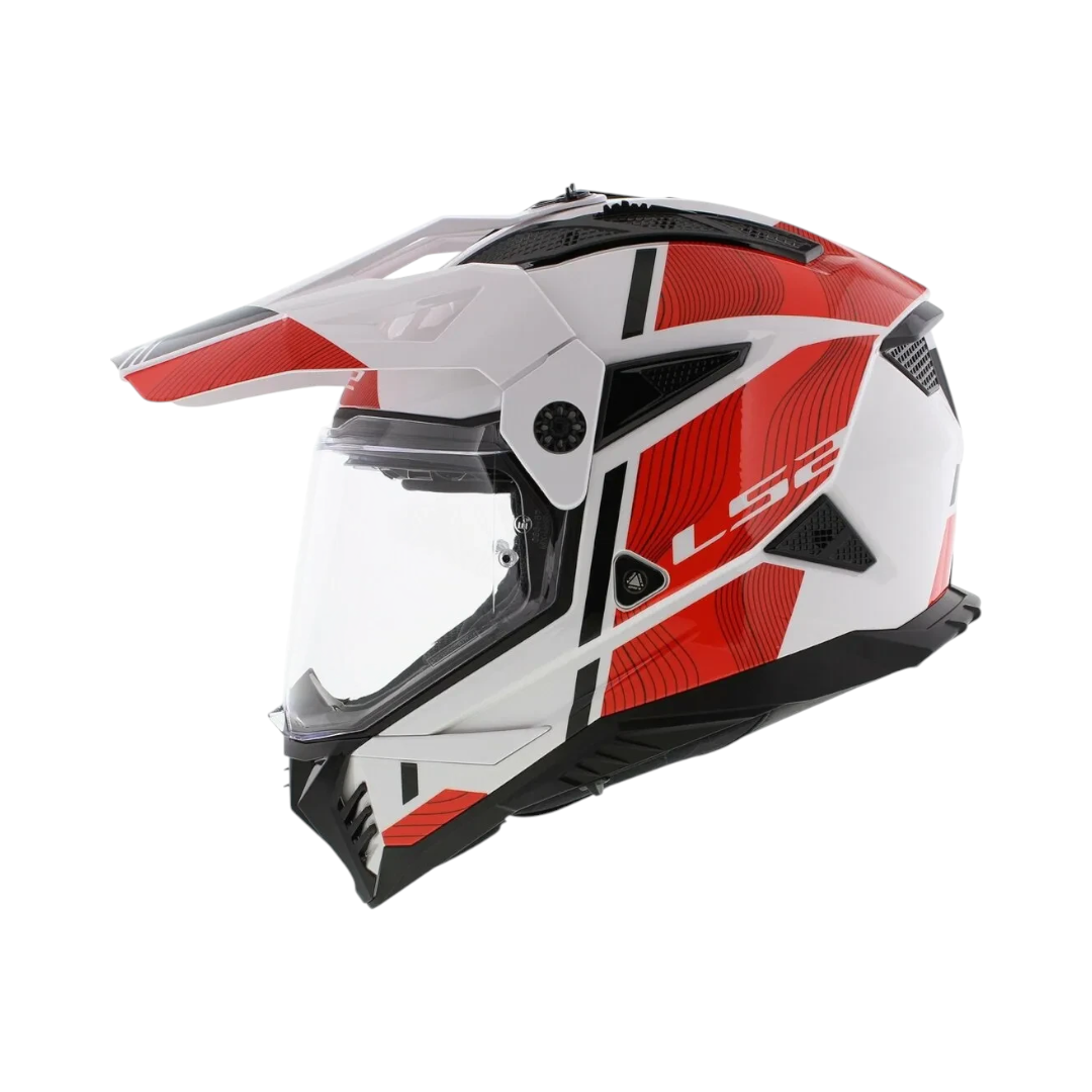 Motodrift LS2 MX436 Pioneer II dual-sport helmet in white and red with adjustable peak and clear visor