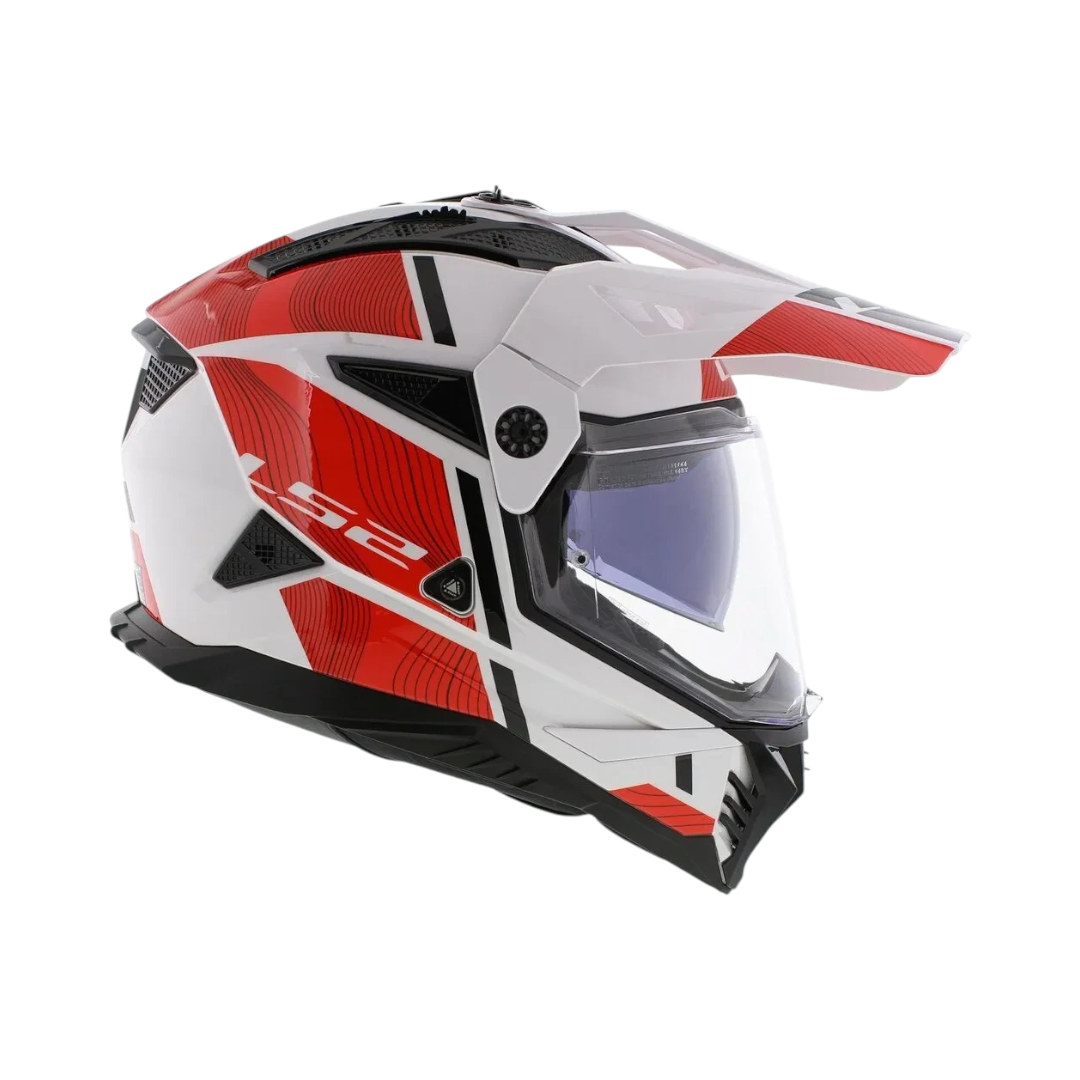 Motodrift LS2 MX436 Pioneer II dual-sport helmet in white and red with an adjustable peak and integrated sun visor