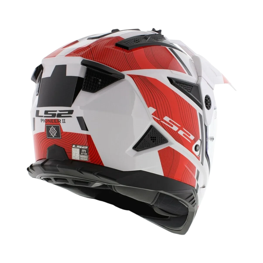 Motodrift LS2 MX436 Pioneer II dual-sport helmet in white and red with adjustable peak and rear ventilation ports